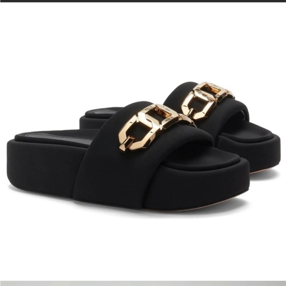 Sz 12 Good American Black and Gold Chain Slide Sandals - Picture 5 of 16